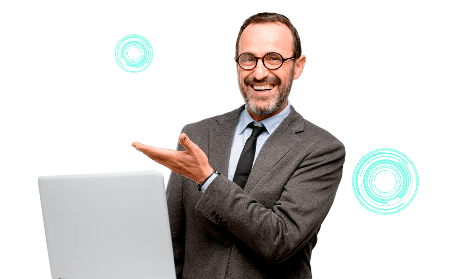 Businessman smiling pointing at a laptop with futuristic graphics